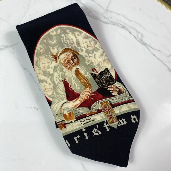 Christmas Season Greetings Men's Silk Tie Set of 2 Blue Black Santa Penguin Snow - Picture 4 of 6